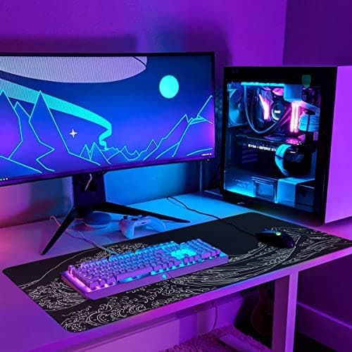 iCasso Mousepad, Gaming Mouse Pad, XXL Large Desk Mat, Big Rubber Base Mouse Mat with Stitched Edges, Computer Keyboard Desk Pad for Work, Game, Office, Home - Black Wave of Kanagawa 6