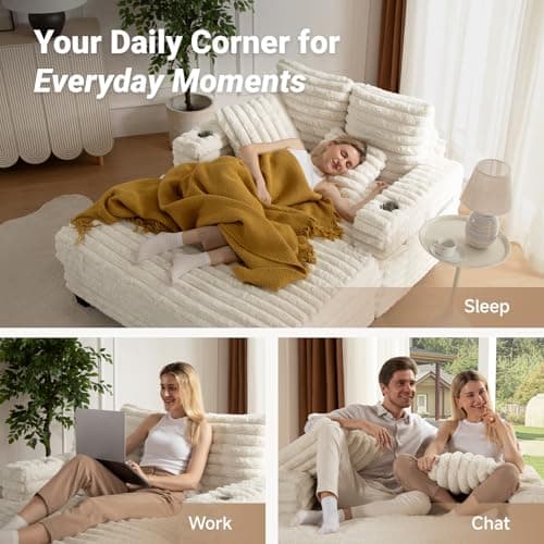 Amsleekey 64" Chaise Lounge Chair Indoor, Oversized Sleeper Chair with Wood Frame, Upholstered Sofa Bed for Living Room, Movie Room, Bedroom with 4 Storage Pockets&2 Cup Holders(Plush Corduroy, Beige) 9