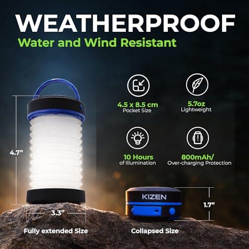 Kizen Outdoor Solar Lantern - Solar or Plug Rechargeable Lantern - Collapsible LED Light for Power Outages - Camping Essential Lamp for Tent Light, Hanging, or Flashlight 7