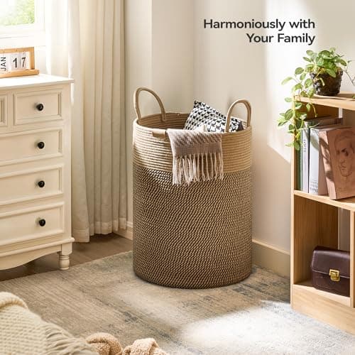Nunsino Laundry Hamper 95L,Large Laundry Basket for Clothes,Decorative Storage Basket for Blankets,Cotton Rope Woven basket for bedroom,Dark Brown 2