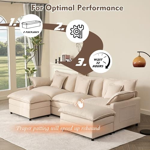GOSUHI 108" U Shaped Couch, Modular Sectional Sofa, 3-Seater Comfy Cloud Couch, Set of Modular Pieces with Movable Ottoman, Deep Seat Couches for Living Room, Linen, Beige 7