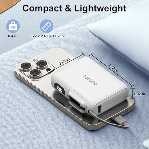 Yoobao Portable Charger with Built in Cable USB C, 10000mAh Power Bank Fast Charging, LED Display Cell Phone Travel Essentials, Battery Pack for iPhone/15/16 for Android 7
