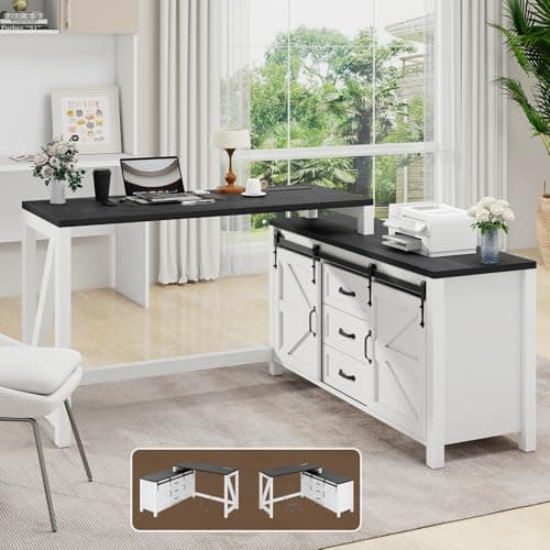 L Shaped Desk With Drawers, Farmhouse Executive Wood Home Office With Power Outlet, Rustic Reversible Computer With Storage Cabinet, Double Sliding Barn Door and Adjustable Shelves