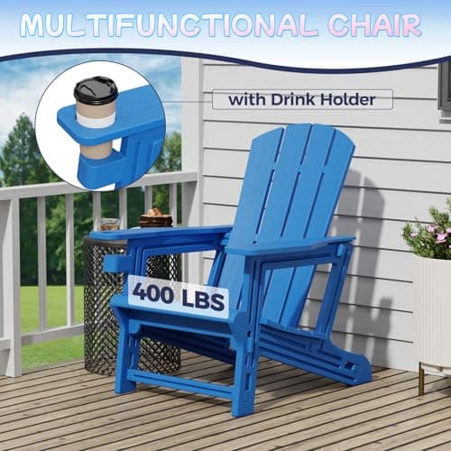 Adirondack Chair Set of 2, HDPE All-Weather Fire Pit Chairs, Wooden Textured Plastic Adirondack Chairs with 2 Cup Holders, Outdoor Lawn Chairs for Deck,Patio,Backyard, Klein Blue 5