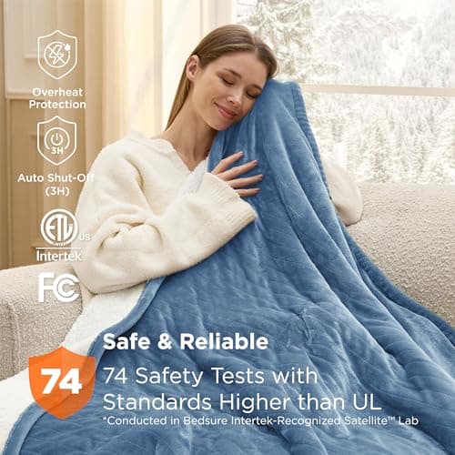 Bedsure Heated Blanket Throw Blanket - Fast Heating Electric Blanket, Soft Flannel Heated Throw with 4 Time Settings, 6 Heating Settings, Warm Gifts for Grandma (50x60 inches, Blue) 6
