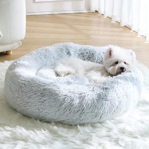 Calming Small Dog Bed, Donut Fluffy Anti-Anxiety Round Washable Cute Bed, Plush Cozy Cuddler Warming Soft Comfort Pet Bed for Small Medium Dogs Cats, 20inch,Light Grey White