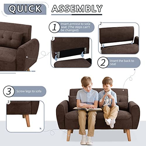 Shintenchi 47" Loveseat Wood Sofa, Brown, Easy Assembly, Comfortable Cushions 6
