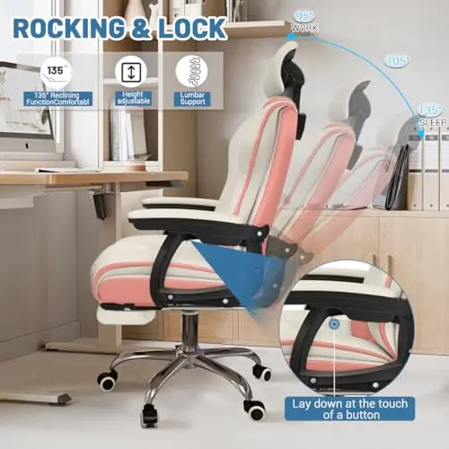 XUEGW Executive Computer Chair Home Office Desk Chair,Adjustable Angle, Ergonomic Adjustable Height PU Leather Chairs with Cushions Armrest for Long Time Seating-High Office Chair with Footrest 5