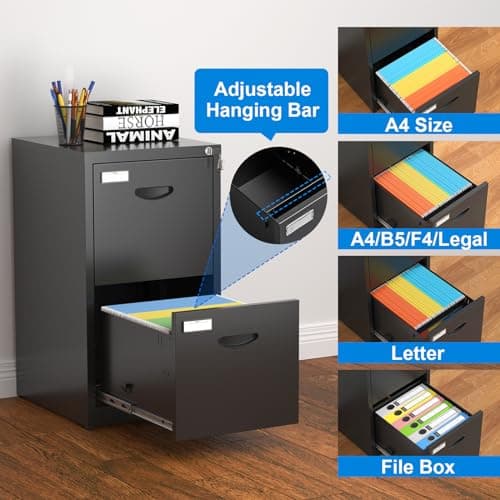 Metal 2 Drawer File Cabinet with Lock, Heavy Duty Filing Cabinet, Black Locking File Cabinet for Home Office, Vertical Steel File Storage Cabinet for Hanging Letter/Legal/A4/F4 Size-Assembly Required 6
