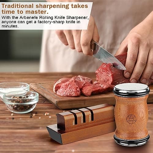 Rolling Knife Sharpener Tool Kit, 5-in-1 Knife Sharpening for Steel of any Hardness, Magnetic Base with Two Fixed Angles - 15°&20°，Wooden Roller with Diamond and Ceramic Discs 6