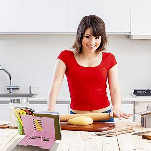 Blizzow Desk Book Stand Holder - Hands Free, Adjustable Metal Stand, Foldable Portable Bookstand - Cookbook, Recipe, Tablet, Music, Documents (Pink) 7