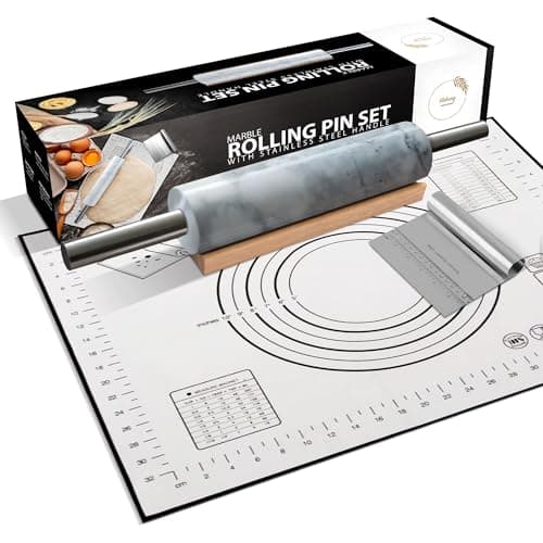 LITEBURG Marble Rolling Pin Set with Silicone Baking Mat, Steel Dough Scraper & Wooden Cradle - Professional Non Stick Dough Roller for Bread, Cookies, Pizza - Gift for Bakers 8