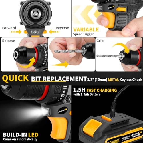 AwxryoX Brushless Compact Drill Tool Set, 60N.m 20V Cordless Drill Tool Box with 2 Battery, 135Pcs Man Household Combo Set with DIY Hand Taladros Kits, 531 In-lb Kit with Drill for Daily Home Repair 6