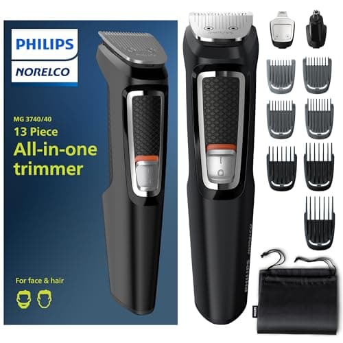 Norelco Philips Multi Groomer - 13 Piece Mens Grooming Kit for Beard, face, Nose, and Ear Hair Trimmer and Hair Clipper - NO Blade Oil Needed, MG3740/40