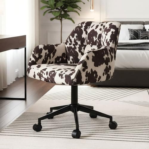 Modern Swivel Home Office Desk Chair with Wheels, Cow Print Velvet Height Adjustable Comfortable Ergonomic Upholstered Vanity Make up Chair, Cute Cowhide Computer Armchair for Living Room Home
