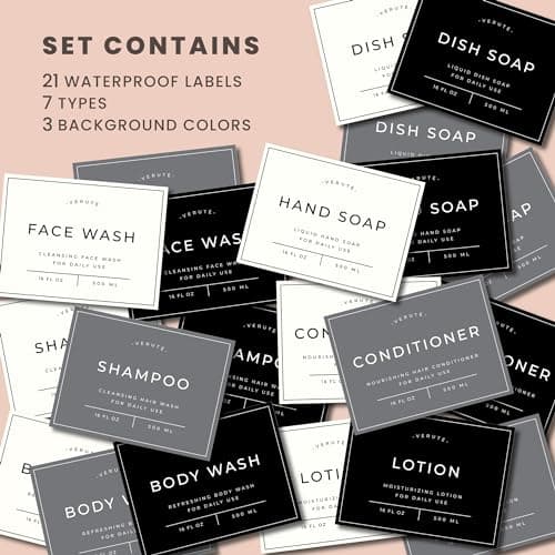 Hand and Dish Soap Dispenser for Kitchen and Bathroom, Set of 2 16 Oz Glass Bottles, Stainless Steel Pumps, Non-Slip Silicone Base, 27 Waterproof Labels (Amber Bottle/Black Pump) 7