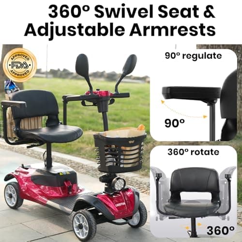 4-Wheel Mobility Scooter for Seniors & Adults, Foldable Electric Powered Device for Travel, Lightweight and Portable, All Terrain,15-Mile Range, 300 LBS, with Lights, 2 Baskets&Mirrors 6