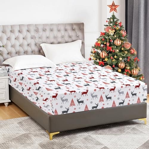 YIYEA Christmas Fitted Sheet Only, Premium Double Brushed Microfiber Deep Pocket Fitted Sheet Queen Size, Ultra Soft Fitted Bottom Sheet, Shrinkage, Fade Resistant, Queen
