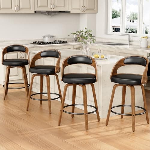 REONEY Swivel Bar Stools Set of 4, 26" Counter Height Bentwood Barstool, Mid-Century Modern PU Leather Upholstered Bar Chair with Back and Footrest, for Kitchen Island, Bar, Cafe, Dining Room, Black