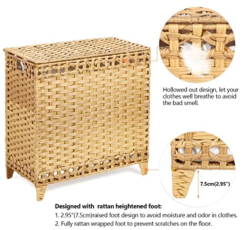 Laundry Hamper with 3 Removable Liner Bags; 132L Handwoven Rattan Laundry Basket with Lid & Heightened Feet; Clothes Hamper with Side Handles; Laundry Sorter with 3 Separate Sections (Natural) 5