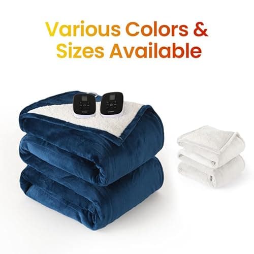 WOOMER Electric Blanket King Size 100" x 90", Heated Blanket with Dual Controllers, 0.5-12 Hours Timer & 10 Heating Levels, ETL Certified, Navy Blue Velvet & White Sherpa, Machine Washable 7