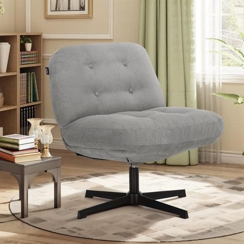 COLAMY Criss Cross Chair-Cross Legged Reading Chair No Wheels, Armless Wide Office Desk Chair, Fabric Swivel Vanity Chair with Thicker Cushion for Makeup, Small Space