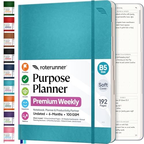 Roterunner Purpose Planner Notebook B5 7.5”x9.8” Undated 2026 Daily Weekly and Monthly Productivity Goal Setting Tool for Work Home ADHD Planner for Adults Self Care Journal