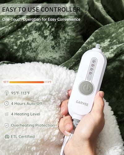 GarveeHome Electric Blanket Throw, Velvet Heated Throw Blanket, Luxury Soft Electric Heating Blankets, 4 Heat Levels & 4H Auto Off, ETL Certified, Machine Washable, 50" ×60" Green 3