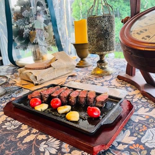 FJPTFENG Cast Iron Steak Plate, Grill Pans, Sizzle Griddle with Wooden Base, Steak Pan, Griddle Grill Pan with handles (Plate with Base 6.7" x 4.4") 8