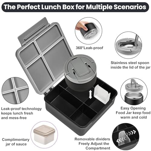 Bento Lunch Box with 8oz Soup Thermo,Kids Leakproof 4 Compartment Lunch Food Containers with Sauce Cup and Ice Pack,Kids Thermo Insulated Hot Food Jar and Lunch Bag for School,Trvael-Black 6