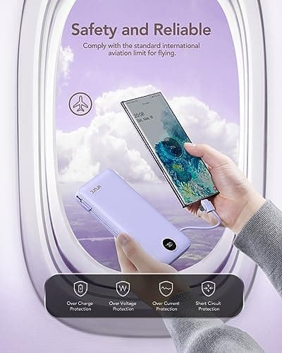 VRURC Portable Charger 20000mAh, Fast Charging Power Bank USB C,4 Output 2 Input Travel Essentials Charging Bank Equipped with LED Display,Built-in Wall Plug and Cables,Phone Charger Battery,Purple 6