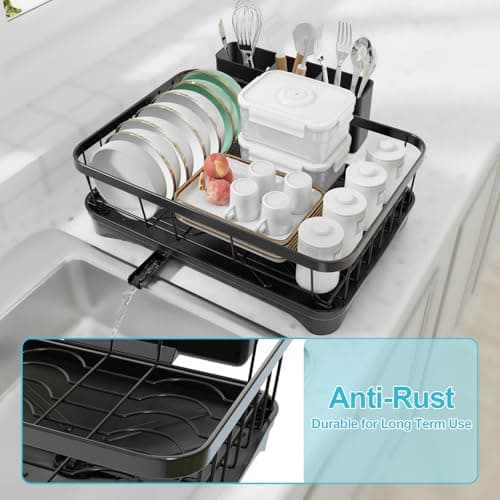 HOMEBOSILY Dish Drying Rack with Drainboard - Space Saving Single Layer Drying Rack,Large Capacity Kitchen Organizer with Utensil Holder & Cutlery Tray, Countertop Dish Drainer Black 5