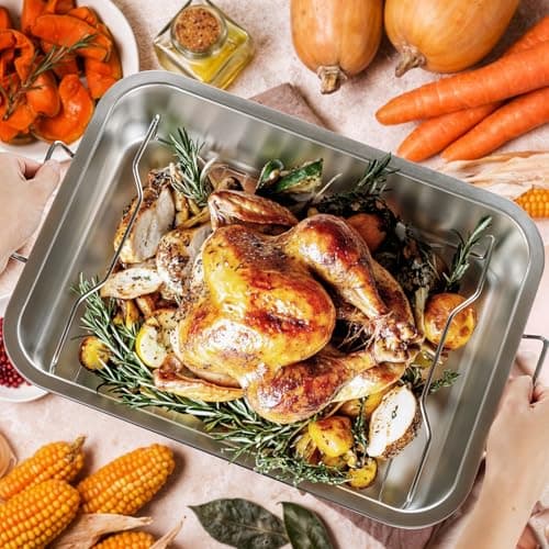 Tifanso Stainless Steel Roasting Pan - Heavy Duty Turkey Roasting Baking Broiler Oven Pan with Rack and Handle for Oven, High Sided Easy to Clean Induction Roast Tray for Chicken, Vegetable, Lasagna 7