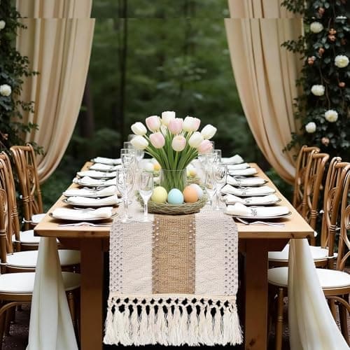 tiosggd Boho Table Runner 72 inches Long, Spring Easter Coffee Table Runner, Brown Macrame Dresser Runners Cove Top for Bedroom, Dining Room, TV Stand, Rustic Farmhouse Table Decor