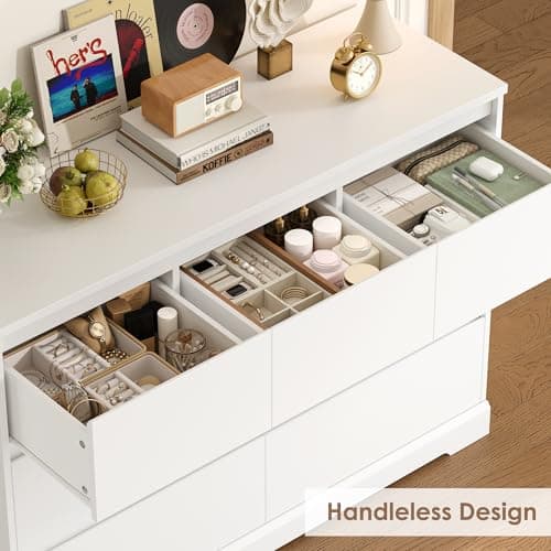 FACBOTALL Dresser for Bedroom, Modern White Dresser, Wood Chest of Drawers Nursery Dressers, with Storage, 7 Drawer Double with Handle Free, Large Storage Organizer for Living Room,White 6