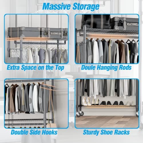 Homdox Rolling Clothes Rack Heavy Duty, 3-Tier Adjustable Wire Shelving Garment Organizer with Double Rods & Hooks, Portable Clothes Rack with Wheels, 17.72" D x 47.24" W x 80.71" H, Grey 7