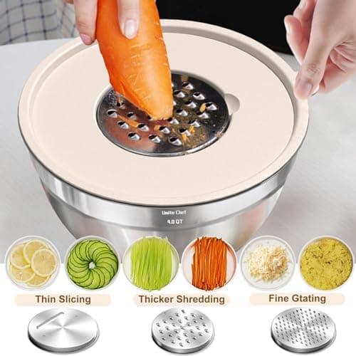 Umite Chef Mixing Bowls with Airtight Lids Set, 8PCS Stainless Steel Khaki Nesting Bowls with Grater Attachments, Kitchen Bowls with Non-Slip Bottoms, Size 5, 4, 3.5, 2, 1.5QT for Mixing & Serving 8