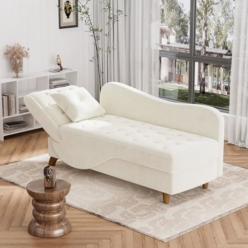 DAMAIFROM Chaise Lounge Chair Indoor with Storage, Adjustable Backrest Recling Reading Chair Sleeper Sofa Bed with Pillow, 3 in 1 Velvet Futon Lounge Chair for Living Room Bedroom, Beige White 7