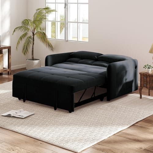 SumKea Convertible Sleeper Sofa Bed, 55.9'' Velvet Pull Out Couch Bed, Modern 3 in 1 Loveseat Sofa with Multi-Functional, Reclining Adjustable Backrest and Pillows, Black 7