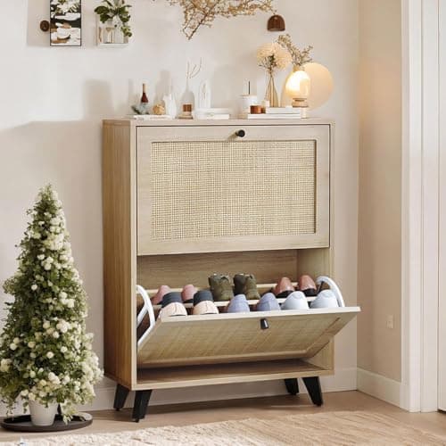 Angel Sar Rattan Shoe Cabinet for Entryway, Slim Shoe Storage Cabinet with 2 Flip Drawers, Hidden Shoe Organizer, Shoe Rack Cabinet with Metal Legs, Natural Wood