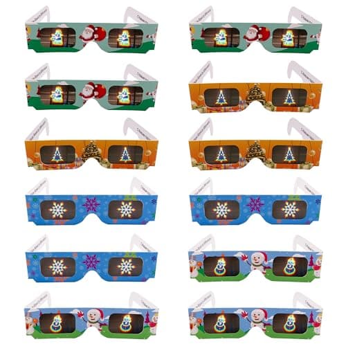 YB-OSANA 12 Pairs Christmas 3D Diffraction Glasses Holiday Images Christmas Holographic Glasses/Snowflakes, Christmas Trees, Santa Claus and Snowmen