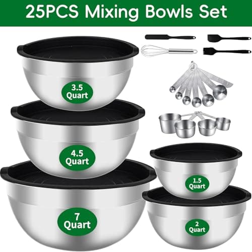 WEPSEN Mixing Bowls Set, 25PCS Stainless Steel Mixing Bowl with Lid Set, Large Nesting Bowls 7, 4.5, 3,2, 1.5QT, Measuring Cups and Spoons Baking Utensils Metal Bowl for Kitchen Prep 6