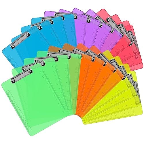 Plastic Clipboards, PANDRI 24 Pack Clear Colored Clipboards, Low Profile Clip Board 12.5 x 9 Inch Standard Letter Size, Office Supplies Classroom