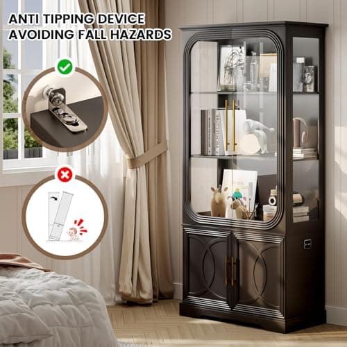 Lareth Display Curio Cabinet with Glass Doors, 69 in Tall Bookcase with LED Lights, Storage Cabinet|Kitchen Pantry Cabinet, 5 Tier Glass Display Case for Living Room, Home Office, Black 7