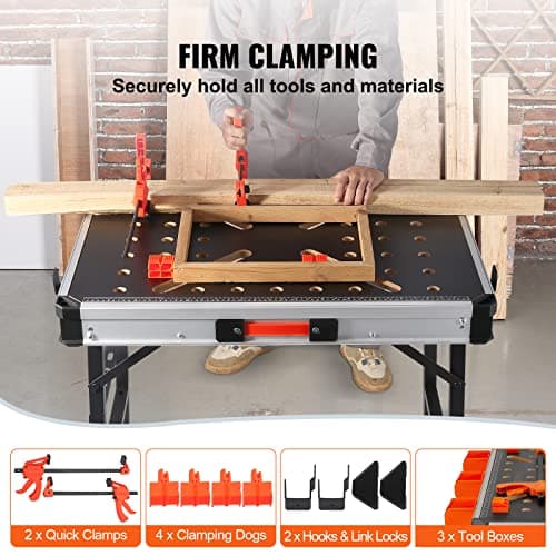 VEVOR Folding Work Table, 2-in-1 as Sawhorse & Workbench, 1000 lbs Load Capacity, Steel Legs, Portable Foldable Tool Stand with 2 Wood Clamps, 4 Bench Dogs, 3 Tool Boxes, 2 Hooks, Easy Garage Storage 6