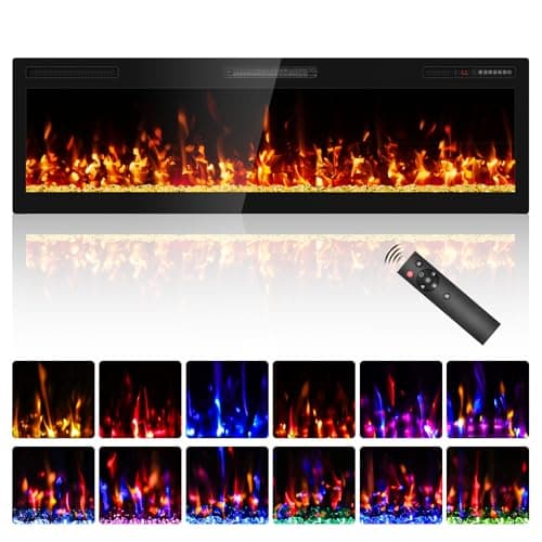 BREEZEHEAT 60" Narrow Bezel Linear Electric Fireplace - ETL Certified, Recessed/Wall Mount, HD Flame with Crystal, Remote & Touch, 750W/1500W (700 Sq.Ft), 8H Timer, Overheat Protection