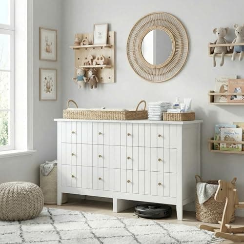 FOTOSOK White Dresser, Chest of Drawers, Modern 6 Drawer Double Dressers with Deep Drawers, Nursery Dresser for Baby, Wide Storage Organizer Cabinet for Living Room, Hallway,White 5