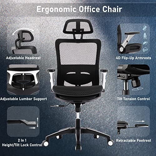 COLAMY Ergonomic Mesh Office Chair with Footrest, High Back Computer Executive Desk Chair with Headrest and 4D Flip-up Armrests, Adjustable Tilt Lock and Lumbar Support-Black 10
