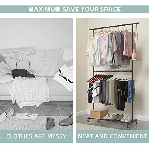 Sywhitta Double Rod Clothing Garment Rack, Rolling Clothes Organizer on Wheels for Hanging Clothes, Easy to Assemble, Adjustable, Black 8