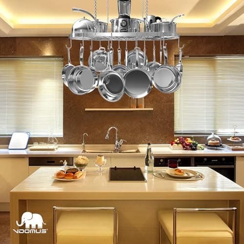 Vdomus Hanging Pot Rack - Ceiling Mount Kitchen Organizer for Pots and Pans with 15 Hooks - 33 x 17 Inches Heavy-Duty, Durable and Space-Saving Pan Holder - Silver 5